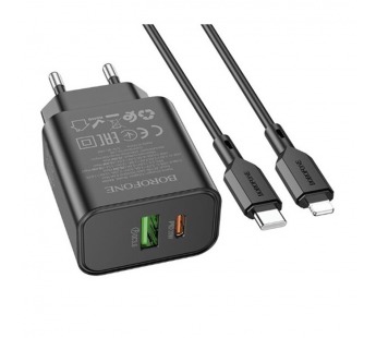 Блок питания сетевой 1 USB, 1 Type-C Borofone BA88A Navy, пластик, PD20Вт, QC3.0, кабель Type-C - 8 pin, цвет: чёрный (1/60/240)#2119844