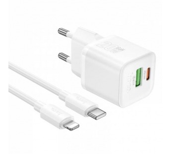 Блок питания сетевой 1 USB, 1 Type-C HOCO N65, QC3.0, PD20Вт, кабель Type-C - 8 pin, цвет: белый (1/13/130)#2138938