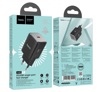 Блок питания сетевой 1 Type-C HOCO N43 Vista, 3000mA, пластик, QC3.0, PD30Вт, цвет: чёрный (1/12/120)#2124657