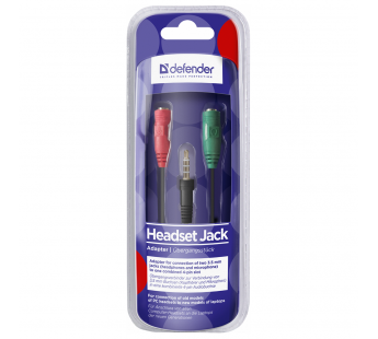Переходник DEFENDER Headset для гарнитуры Audio 2х3.5мм jack ->3,5 4pin jack 0,15м (1/50/400)#2111494