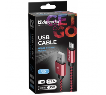 Кабель DEFENDER USB08-03T PRO USB2.0, красный, AM-MicroBM, 1m, 2.1A (1/100)#2110853