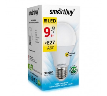 Лампа светодиодная SMARTBUY A60 9Вт 220V 3000K E27 (тёплый свет) (1/10/50)#2111032