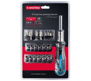 Отвертка SMARTBUY реверсивная, с 28 битами, SL, PH, HEX, TORX, головки, CR-V сталь (1/24)#2111010