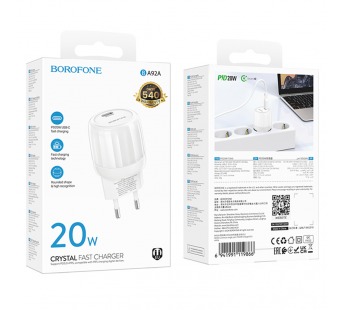 Блок питания сетевой 1 Type-C Borofone BA92A Lustrous, пластик, PD20Вт, QC3.0, цвет: белый (1/30/120)#2119758