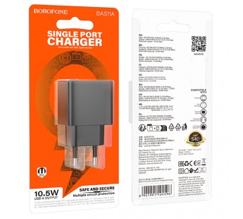 Блок питания сетевой 1 USB Borofone BAS11A Erudite, пластик, 2.1A, цвет: чёрный (1/76/304)#2119740