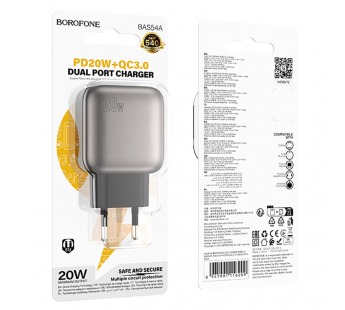 Блок питания сетевой 1 USB, 1 Type-C Borofone BAS54A Absolute, пластик, PD20Вт, QC3.0, цвет: чёрный (1/72/288)#2119757