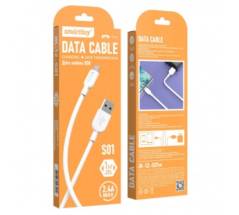 Кабель для зарядки и передачи данных S01 MicroUSB белый, 2.4А, 1 м, Smartbuy (iK-12-S01w)#2111877