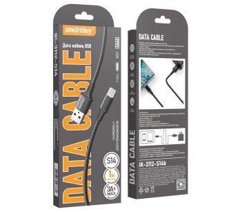 Кабель для зарядки и передачи данных S14 Type C черный, 3 А, 1 м, Smartbuy (iK-3112-S14b)#2111906