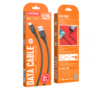 Кабель для зарядки и передачи данных S25 Type C черный, 3А, soarer,TPE,1 м, Smartbuy (iK-3112-S25b)#2111889