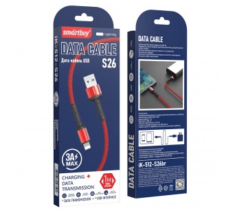 Кабель для зарядки и передачи данных S26 Lightning красн., 3 А,PD,нейл.,1 м, Smartbuy (iK-512-S26r)#2111887