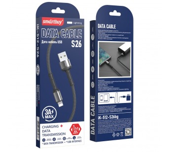 Кабель для зарядки и передачи данных S26 Lightning черный.,3 А,PD,нейл.,1м,Smartbuy(iK-512-S26b)#2111885