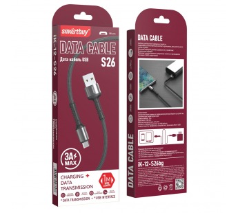 Кабель для зарядки и передачи данных S26 MicroUSB черн./сер., 3 А,QC,нейл.,1м,Smartbuy (iK-12-S26bg)#2111881