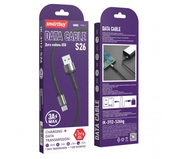 Кабель для зарядки и передачи данных S26 Type C черн./сер.,3 А,QC,нейл.,1 м,Smartbuy (iK-3112-S26bg)#2112318