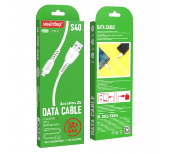 Кабель для зарядки и передачи данных S40 Type C белый, 3 А, 1 м, Smartbuy (iK-3112-S40w)#2112331
