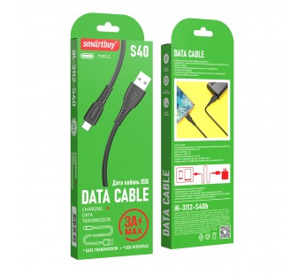 Кабель для зарядки и передачи данных S40 Type C черный, 3 А, 1 м, Smartbuy (iK-3112-S40b)#2112329