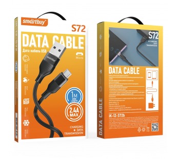 Кабель для зарядки и передачи данных S72 MicroUSB черный, 2.4 А, сил., 1м, Smartbuy (iK-12-S72b)#2112312