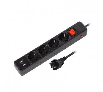 Сетевой фильтр c USB+Type C, 16А, 4 гнезда, c з/ш, с з/к, ПВС, 1.8 м, черный (SBSP-18C-K)#2112696