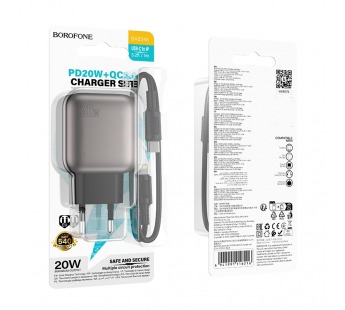 Сетевой адаптер питания BOROFONE BAS54A PD 20W + QC 3.0 + кабель Type-C - Lightning (черный)#2113623