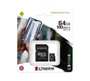MicroSD  64GB  Kingston Class 10 Canvas Select Plus A1 U1 V10  (100 Mb/s) + SD адаптер#2117179