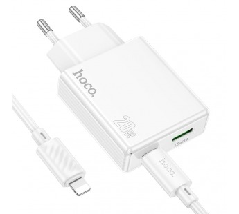 Сетевое З/У HOCO C142A 1USB+1Type-C 20W PD,QC с кабелем Type-C-Lightning белый (1/19/190)#2122155