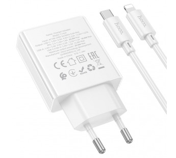 Сетевое З/У HOCO C142A 1USB+1Type-C 20W PD,QC с кабелем Type-C-Lightning белый (1/19/190)#2122156