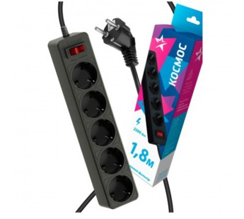 Сетевой фильтр Космос 5р.С/З 10A 1.8м ПВС 3x0.75мм² с выкл. черный (1/20)#2115745