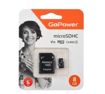 Карта памяти microSD GoPower 8GB Class10 15 МБ/сек V10 с адаптером#2115156