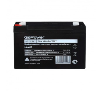 Аккумулятор свинцово-кислотный GoPower LA-6120 6V 12Ah клеммы T2/ F2 в картонной упаковке#2118243