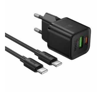 Блок питания сетевой 1 USB, 1 Type-C HOCO N65, QC3.0, PD20Вт, кабель Type-C - Type-C, цвет: черный (1/13/130)#2119944