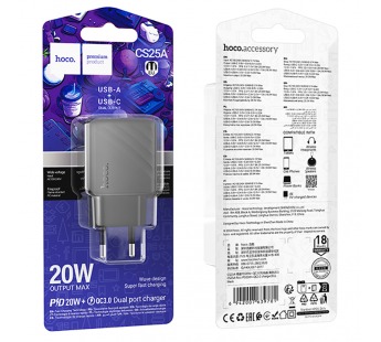 Блок питания сетевой 1 USB, 1 Type-C HOCO CS25A Rico, 3.0A, PD20Вт, цвет: чёрный (1/32/192)#2119765