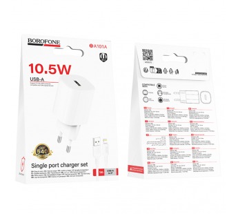 Блок питания сетевой 1 USB Borofone BA101A Pudding, пластик, PD10.5Вт, кабель USB - 8 pin, цвет: белый (1/20/120)#2119742