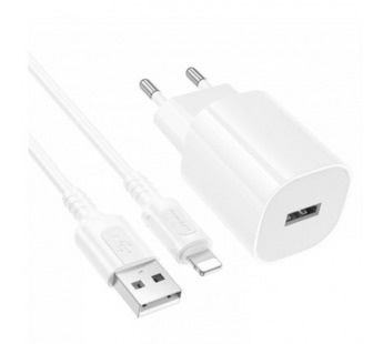 Блок питания сетевой 1 USB Borofone BA101A Pudding, пластик, PD10.5Вт, кабель USB - 8 pin, цвет: белый (1/20/120)#2119830
