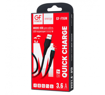 Кабель GFPower F16M USB (m)-microUSB (m) 1м 3.6A ПВХ индикация черный (1/120/480)#2117670