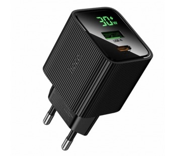 Сетевое зарядное устройство USB/Type-C Hoco CS84A (30W, QC3.0, PD, 2 порта, с дисплеем) Черный#2128565