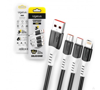 Кабель USB UGETUS X83 3 в 1 для iPhone/Micro/Type C (черный) 1.2m#2120213