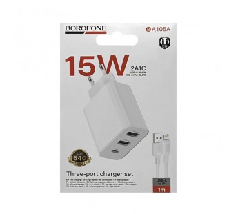 Сетевое ЗУ BOROFONE BA105A + кабель Lightning (2USB/2.4A/PD15W) белое#2125630