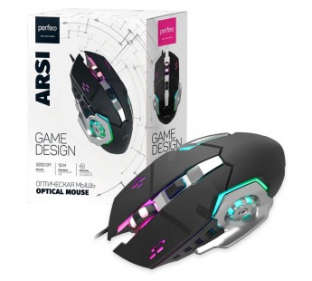 Игровая мышь USB Perfeo ARSI (B3412) 6 кн, 6 цв. LED подсветка, 3200DPI, кабель 1,6м черн-серебро, шт#2125600