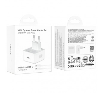 Сетевое зарядное устройство Hoco C161A, 40W + кабель Type-C/Type-C, цвет белый#2129615