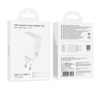 Сетевое зарядное устройство Hoco C162A, 40W + кабель Type-C/Type-C, цвет белый#2131608