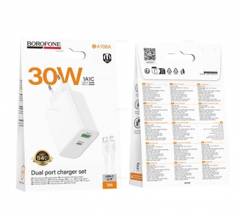 Сетевой адаптер питания BOROFONE BA108A PD 30W QC 3.0 + кабель Lighting-Type-C (белый)#2132625