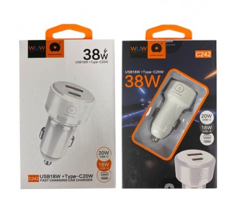 Автомобильное зарядное устройство Type-C/USB WUW C242 (1Type-C PD 20W + 1USB 18W QC3.0) Белый#2146597