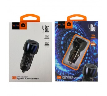 Автомобильное зарядное устройство Type-C/USB WUW C282 (1Type-C PD 30W + 1USB 18W QC3.0) Прозрачный#2146595