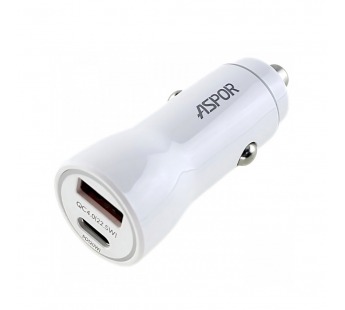 ASPOR Автомобильное зарядное устройство (USB-C+USB-A) 38W DualFast Charging. QC3.0, PD 20W (A910) ASPOR (белый)#2162689