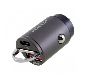 ASPOR Автомобильное зарядное устройство (USB-C+USB-A) 30W DualFast Charging. QC3.0, PD (A908) ASPOR (серый)#2162685
