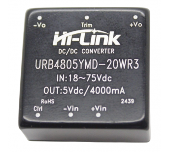 Модули питания Hi-Link URB4805YMD-20WR3 Модуль DC-DCпреобразователь с гальванической развязкой Uвх=18-75В Uвых=5ВPвых=20Вт#2154786
