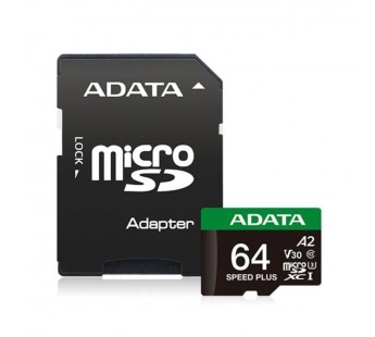 MicroSD  64GB  A-Data Class 10 Speed Plus U3 V30 A2 UHS-I (160/140 Mb/s) + SD адаптер#2156208