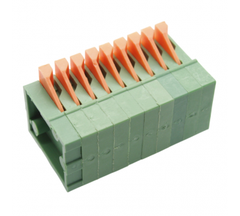 Нажимные клеммники KAIFENG KF141R-2.54-09P-1G (Зеленый)Нажимной клеммник на плату угловой 9 конт. шаг 2,54мм 130В 6А#2171738