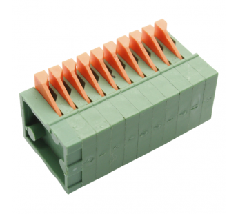 Нажимные клеммники KAIFENG KF141R-2.54-10P-1G (Зеленый)Нажимной клеммник на плату угловой 10 конт. шаг 2,54мм 130В 6А#2171737