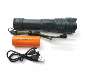 Светодиодный алюминиевый фонарь LED (5 режимов, аккумулятор26650, переходник ААА, кабель USB-Type-C) черный#2165557