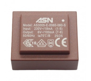 Трансформаторы силовые ASN AS3005-E-0060-060-S Герметизированныйтрансформатор 0,6Вт обмотки 220В (1+5)/6В 0,1А (7+9)#2171770